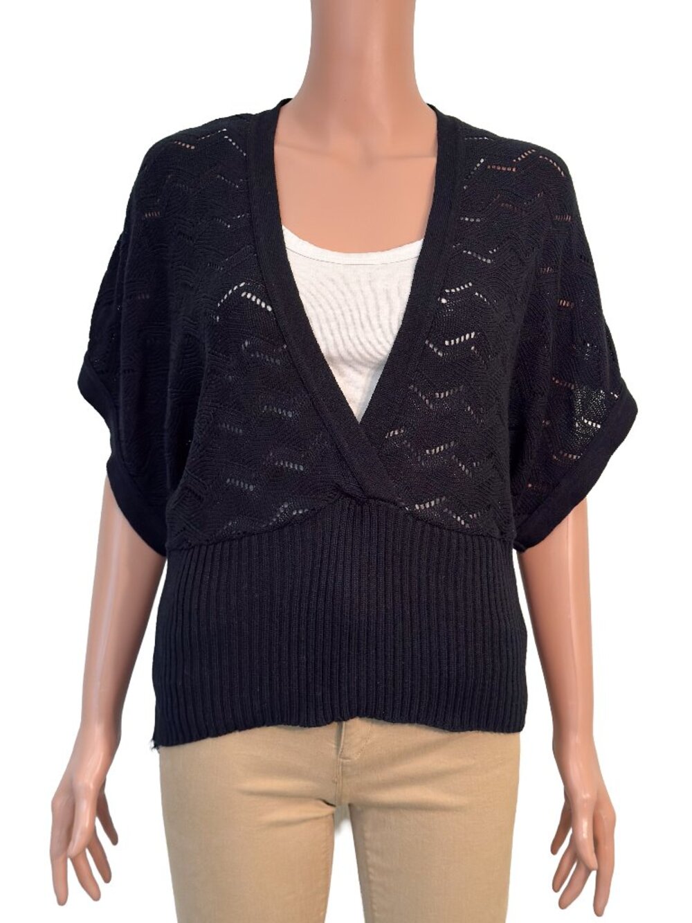Pacific Heights Casual Women’s Large Black Knit Short Sleeve V-Fold Top